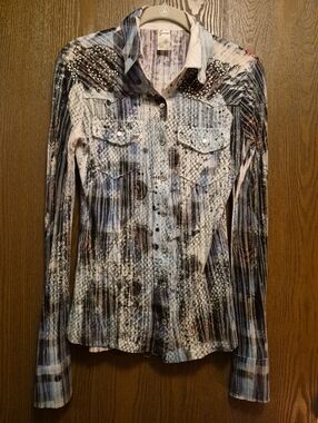 Guess Snap-Up Shirt - White, Gray, Maroon Logo Wings Size S